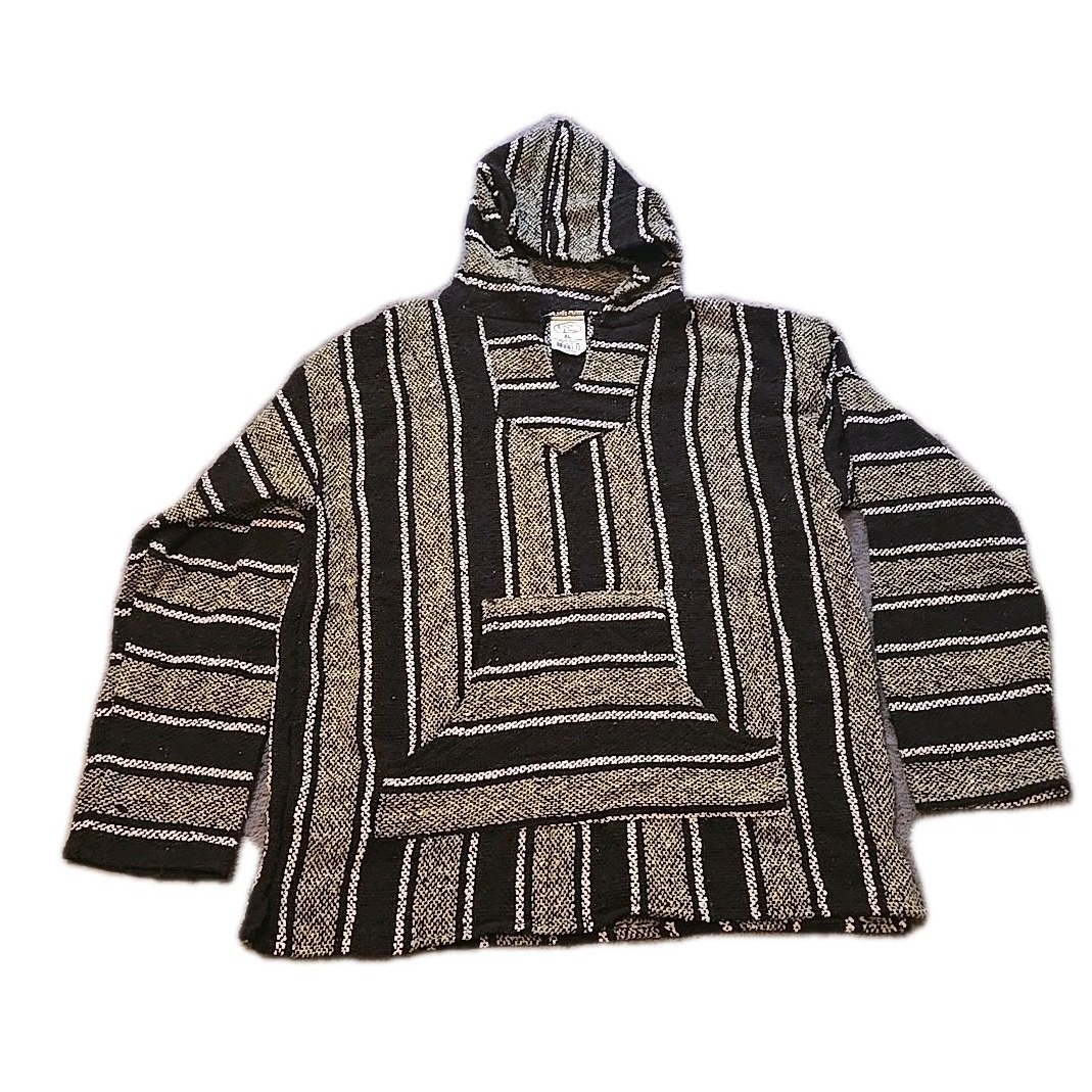 Vtg Baja Hoodie Men's Xl Mexican Blanket Sufer Hippie Drug Rug Striped Green Blk